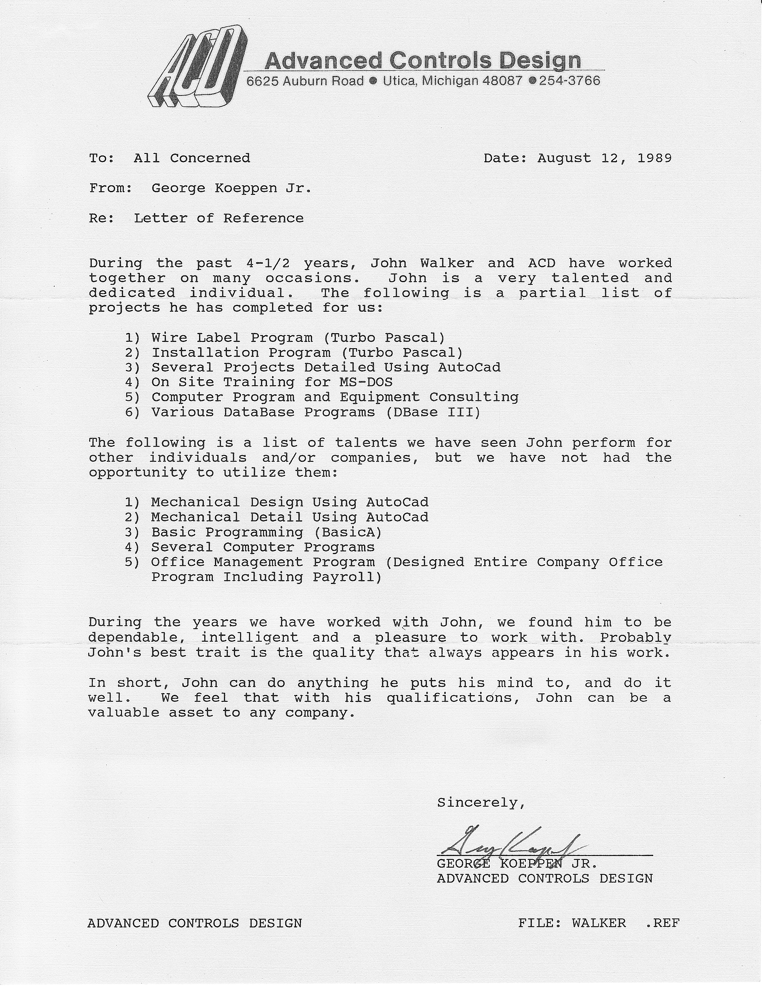 John Walker's Letter of Reference from Advanced Controls Design