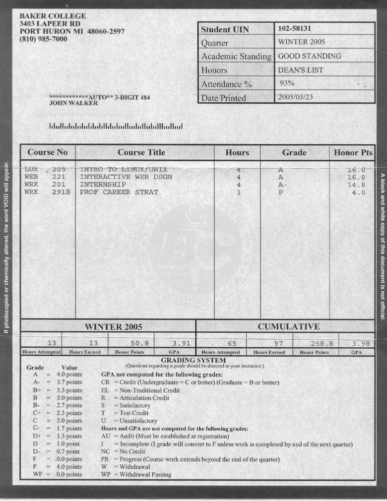 John Walker's Baker College Transcript