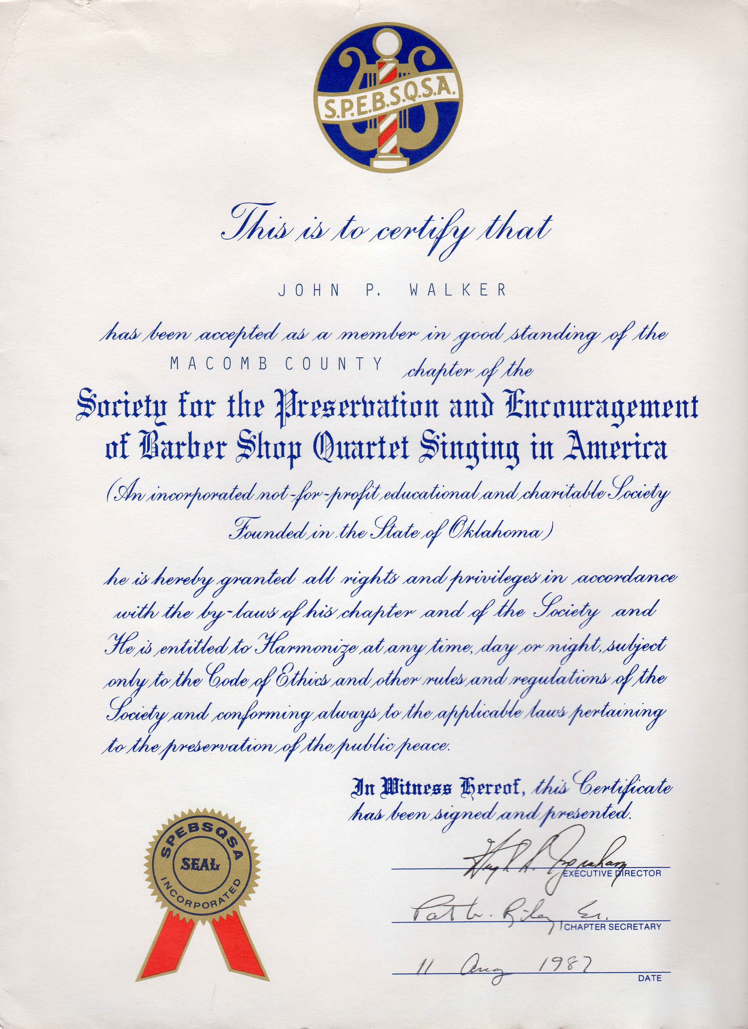 John Walker's Certificate of Membership in the Society for the Preservation and Encouragement of Barbershop Quartet Singing in America