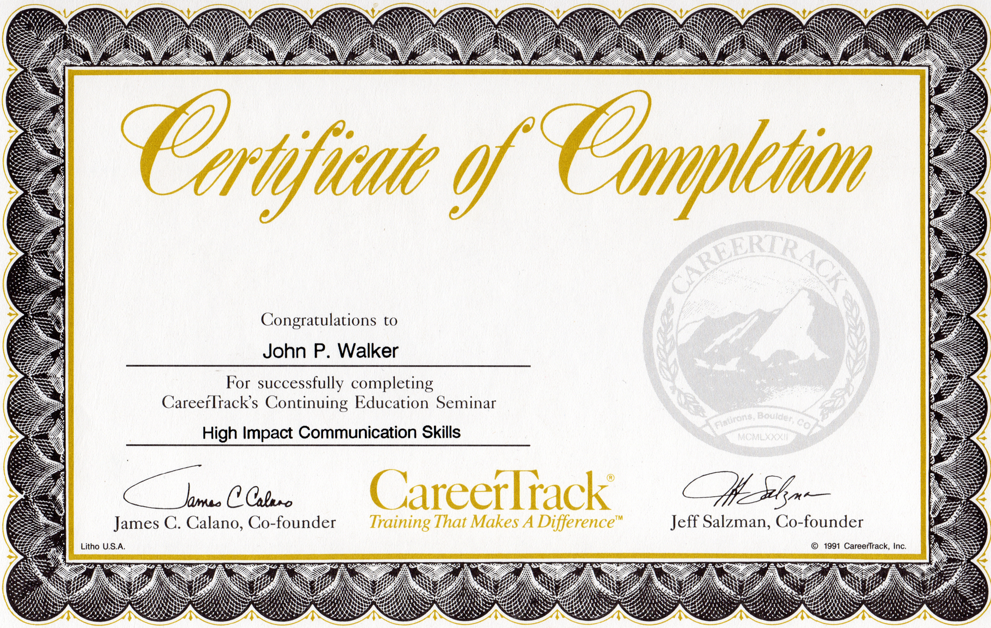 John Walker's Career Track Certificate of Completion for Communication Skills Seminar