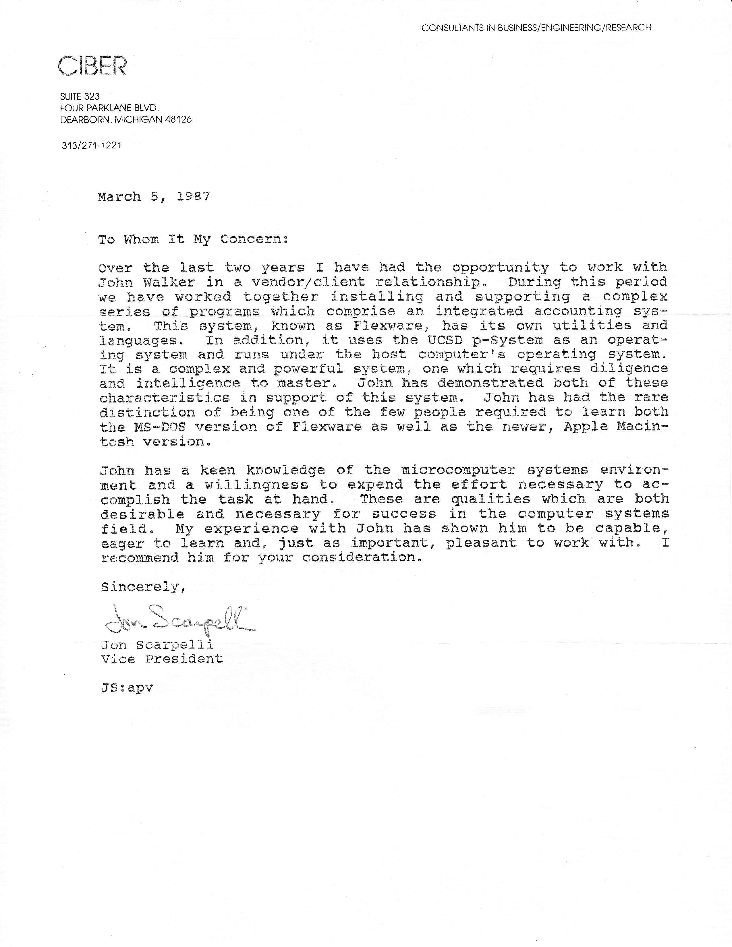 John Walker's Letter of Reference from Ciber