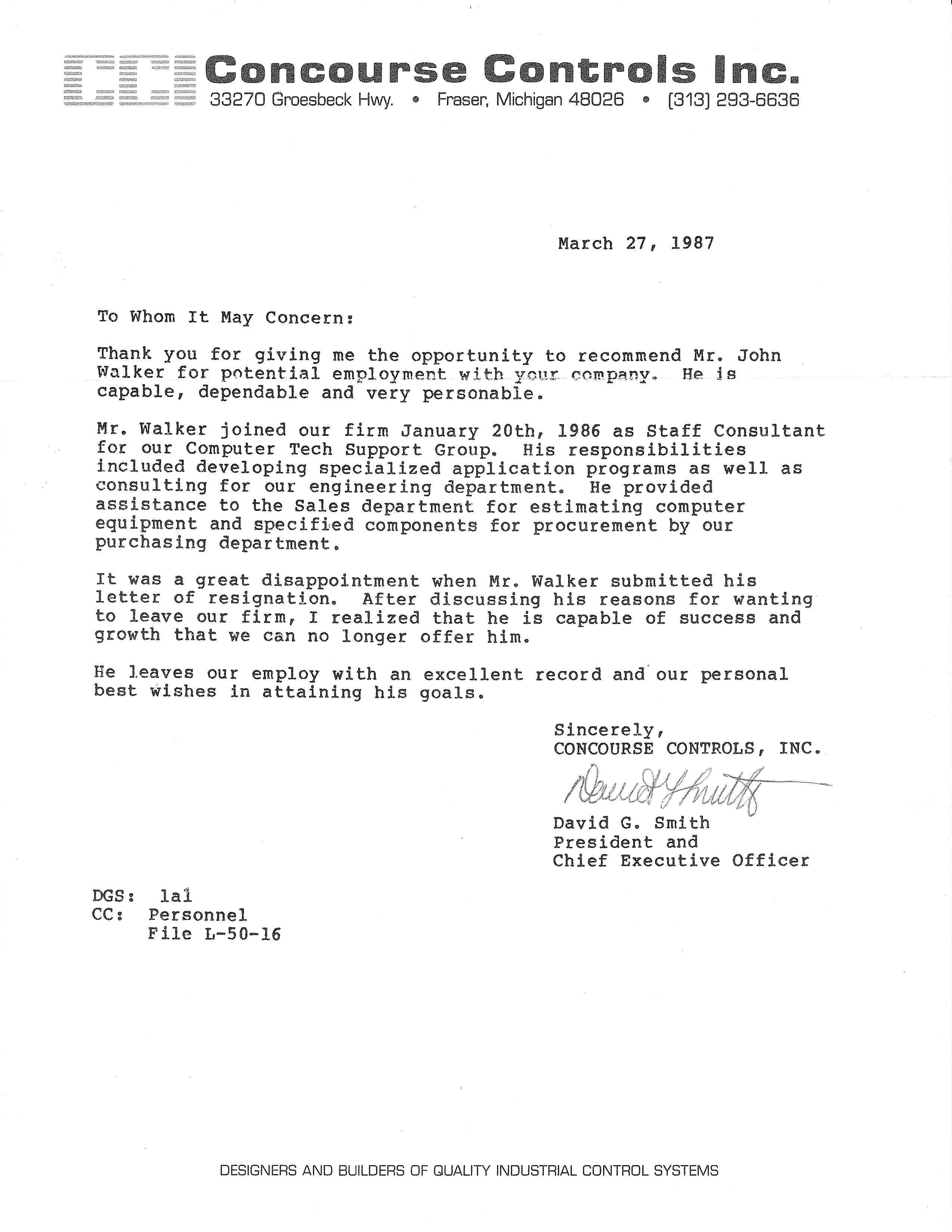 John Walker's Letter of Reference from Concourse Controls