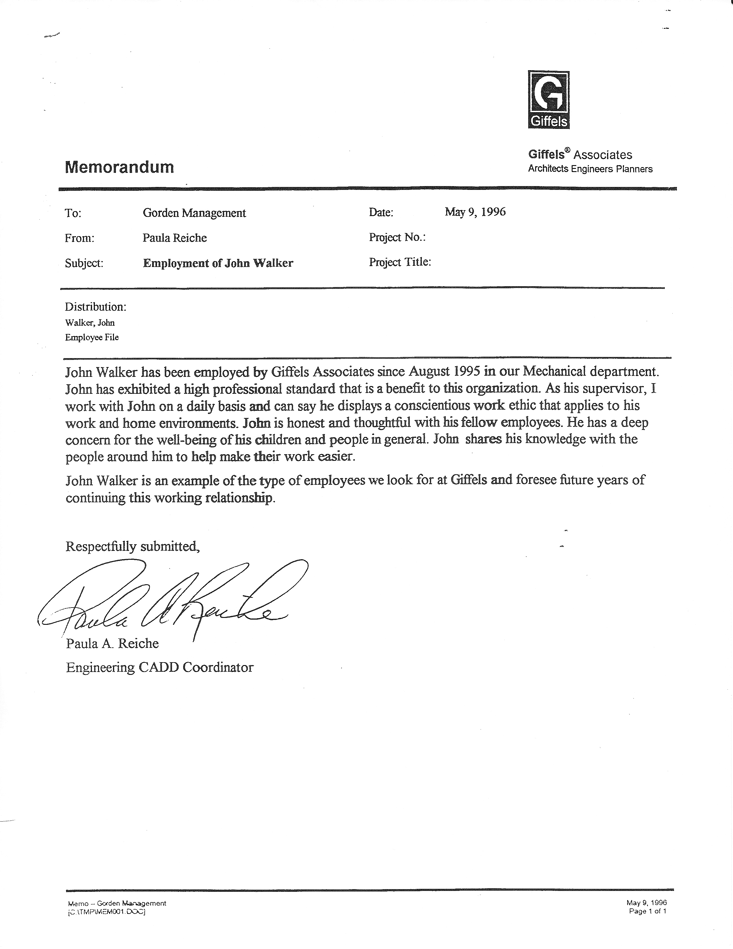 John Walker's Letter of Reference from Giffels Associates