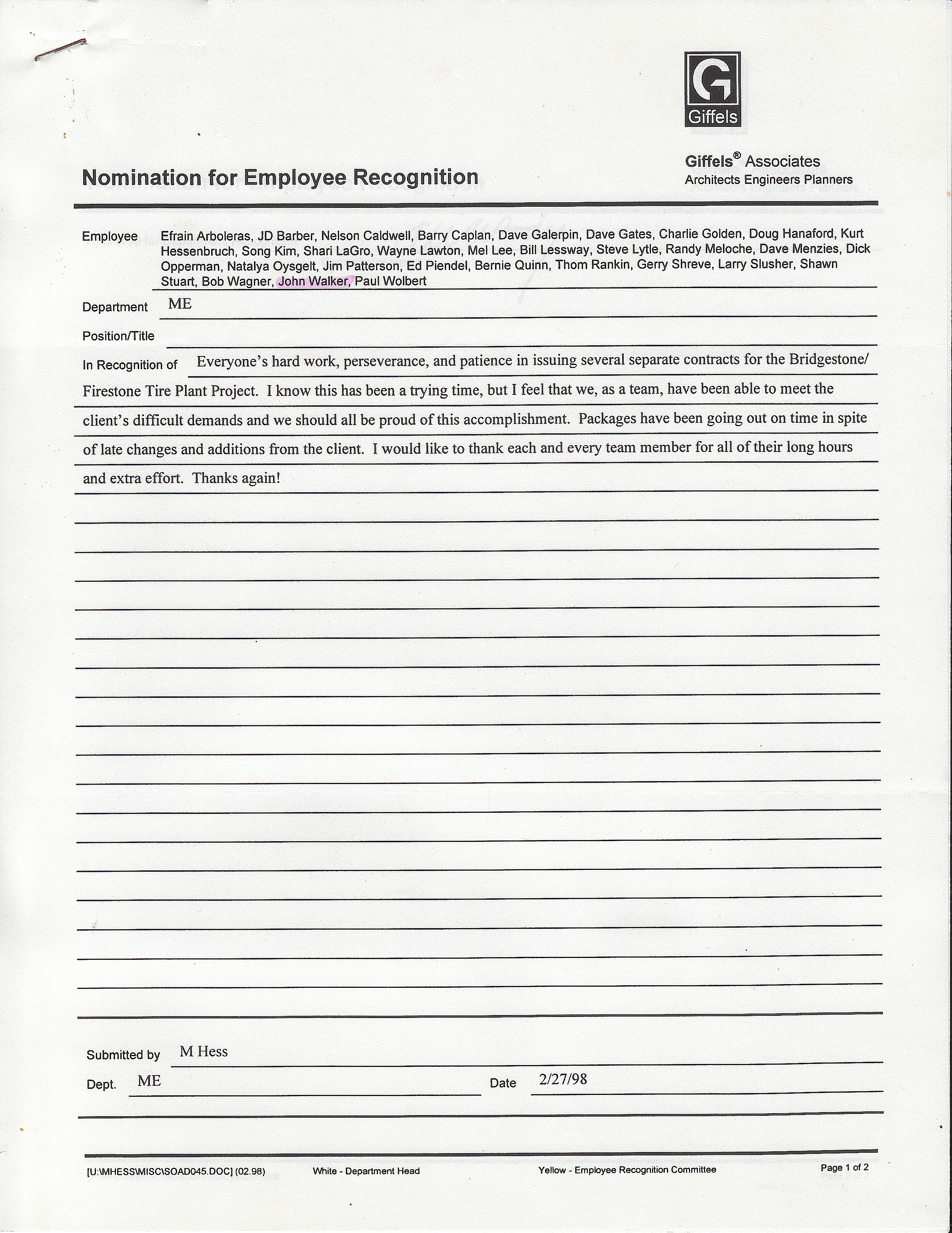 John Walker's Nomination for Employee Recogntion from Giffels Associates