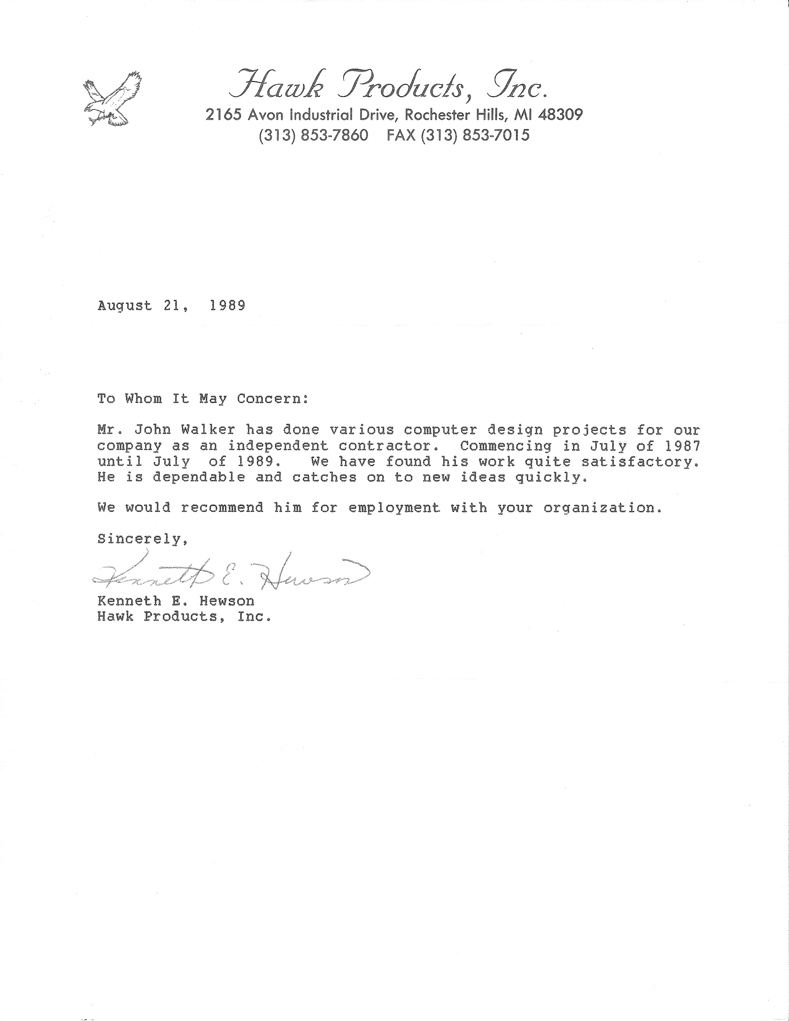 John Walker's Letter of Reference from Hawk Products