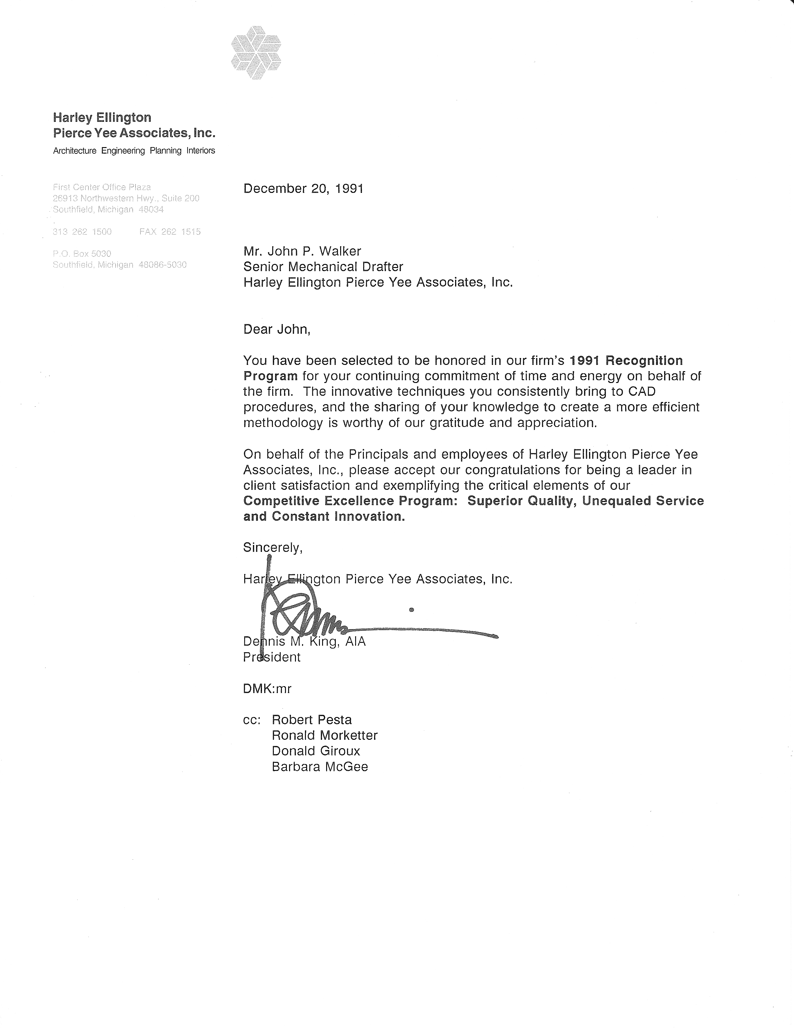 John Walker's First Letter of Recognition from Harley Ellington Design