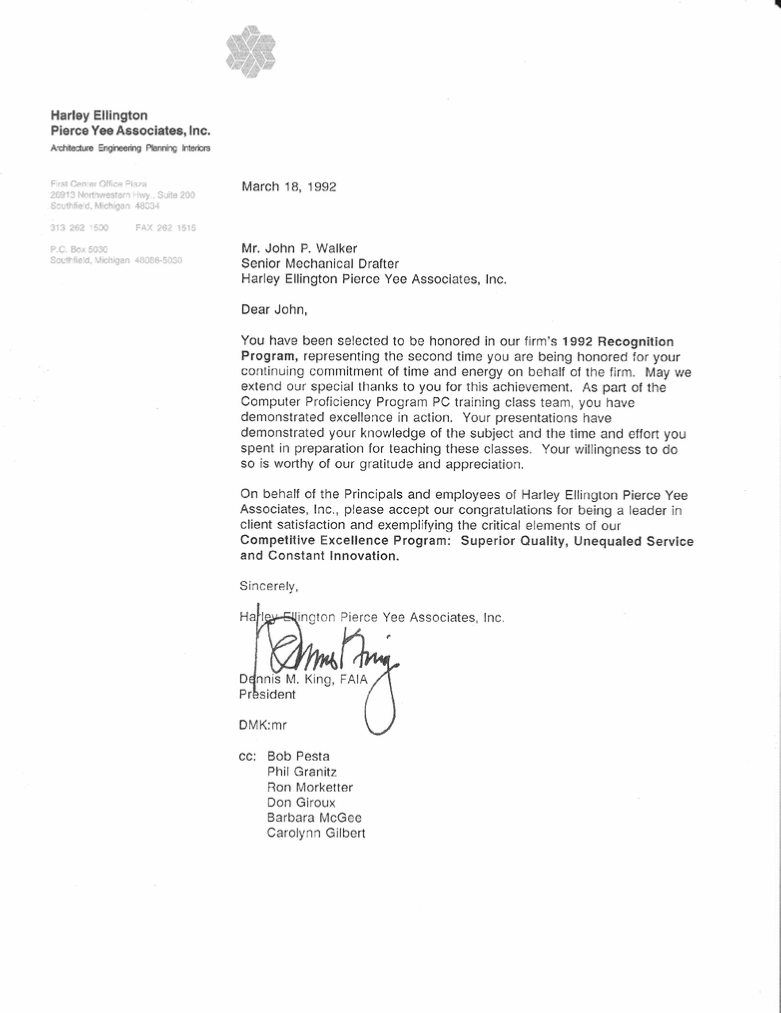 John Walker's Second Letter of Recognition from Harley Ellington Design