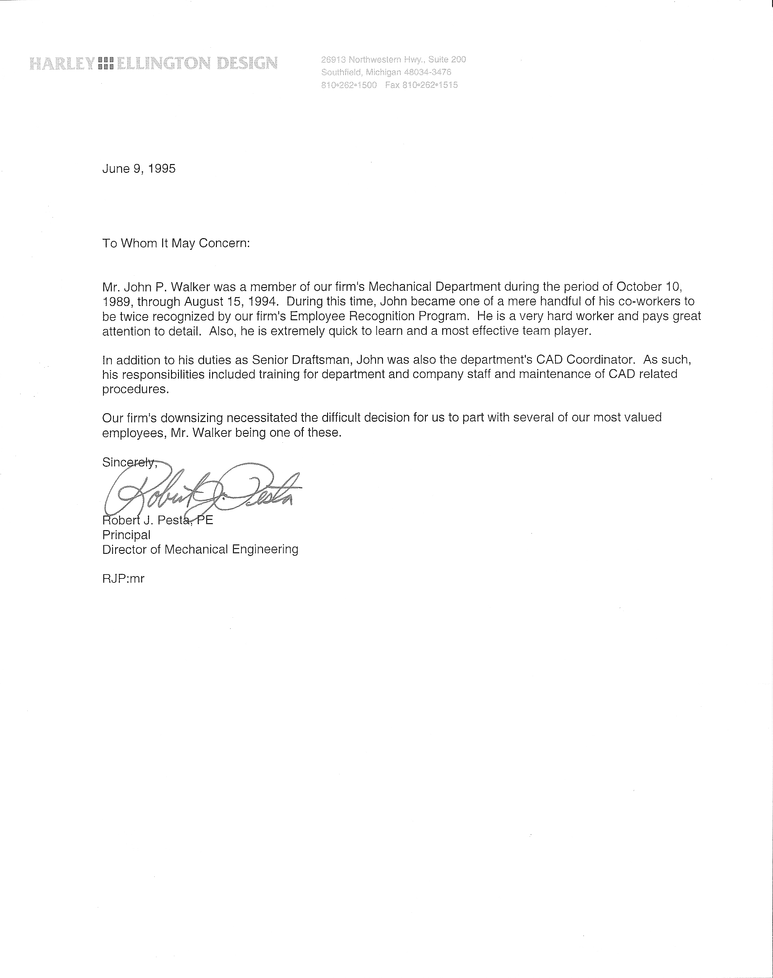 John Walker's Letter of Reference from Harley Ellington Design