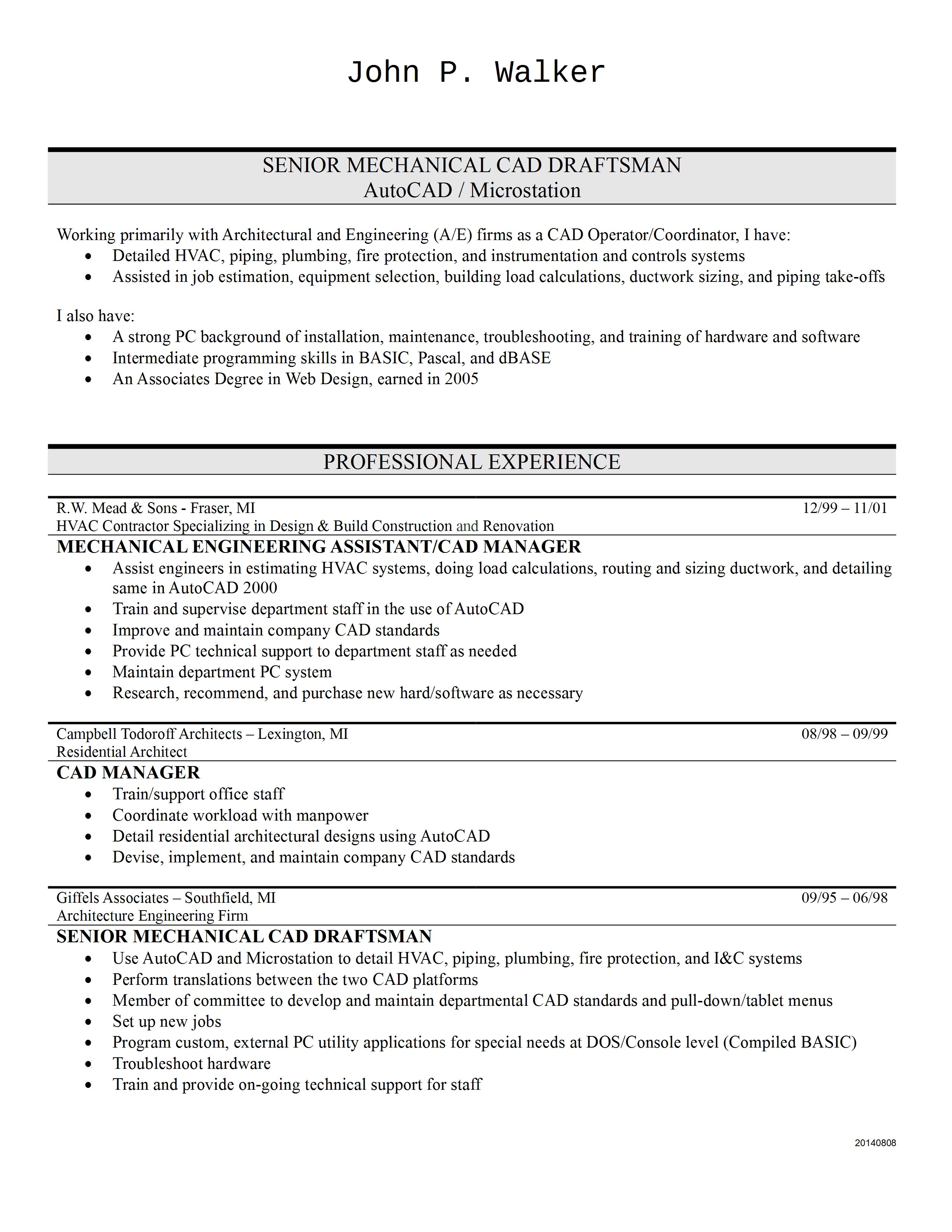 John Walker's Résumé, Page 1 of 2