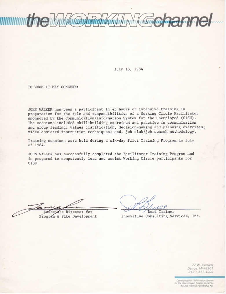 John Walker's Letter of Training Completion as Working Circle Facilitator